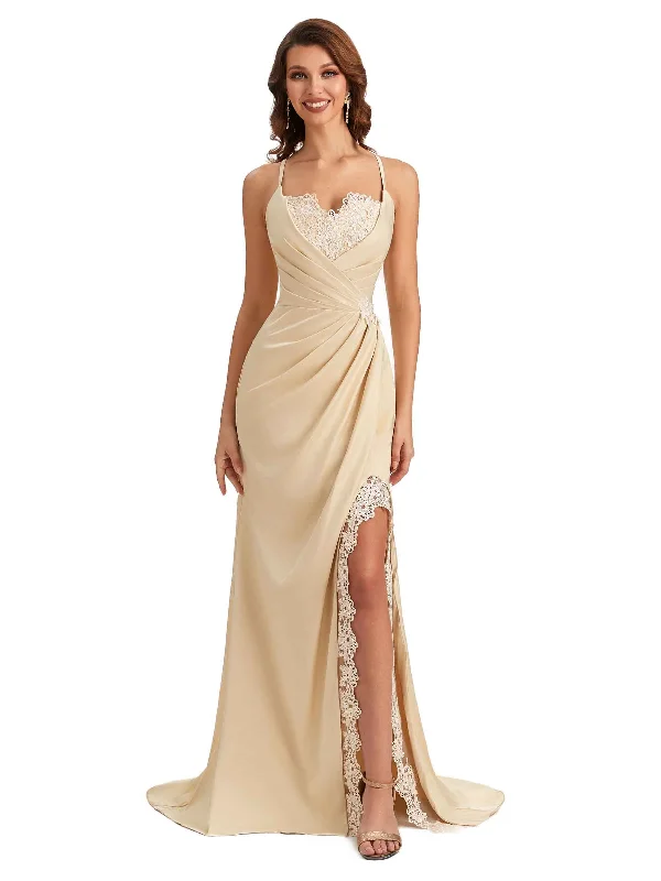 Sexy Side Slit  Spaghetti Straps Lace Mermaid Silky Satin Wedding Guest Dresses End - Of - Month Blowout