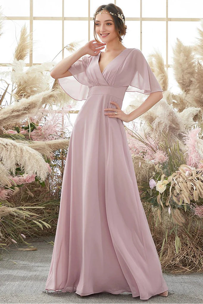 A-Line/Princess Chiffon Spaghetti Straps Short Sleeves Floor Length Natural Waist Bridesmaid Dresses Feminine Grace