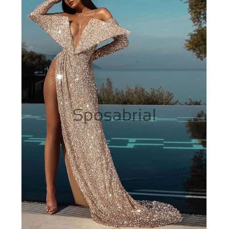 Mermaid Sexy Long Sleeve Sequin Sparkly Unique Fashion Prom Dresses PD2048 Feminine Flow