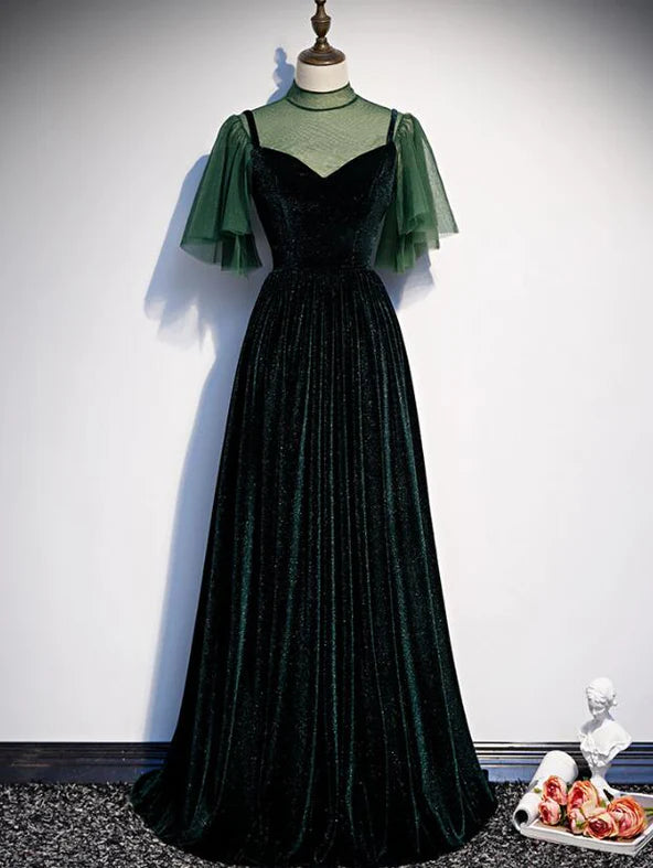 Fashionable Dark Green Velvet Long Party Gown, Green Bridesmaid Dress Tropical Island - Inspired Attire