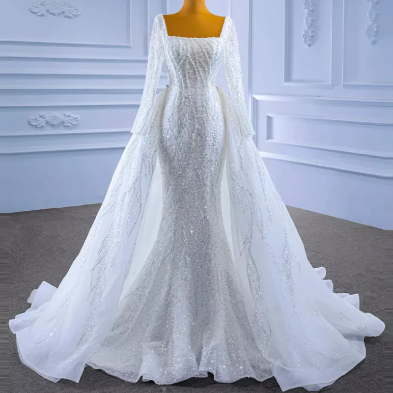 Square Neck Long Sleeve Wedding Dress with Detachable Train Spring Fling Sale