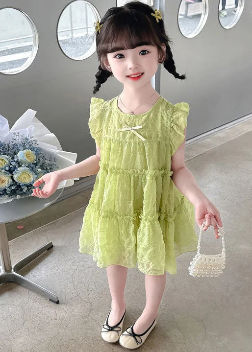 Simple Green Ruffled Patchwork Kids Long Dress Sleeveless Last Chance Sale