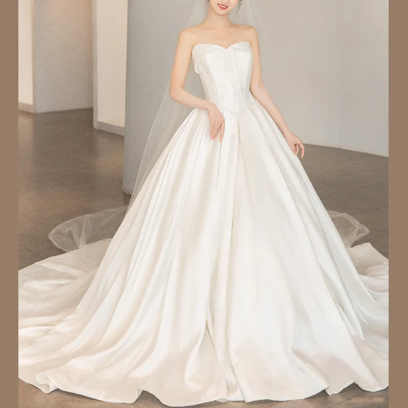 Elegant Satin A-line Bridal Wedding Dress with Ruched Skirt Seasonal Sale