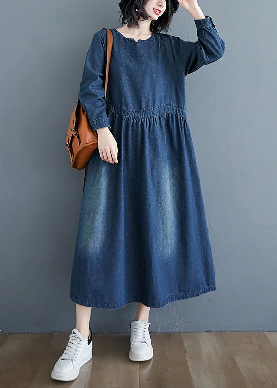 Casual Denim Blue Patchwork Long Dress Long Sleeve Spring Fashion