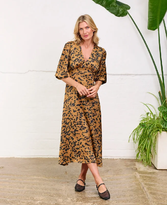 Brown Leopard Satin Midi Dress Classic Charm