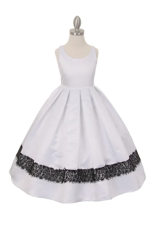 Girls White Satin Lace Trim Special Occasion Dress 2-14 Classic Charm