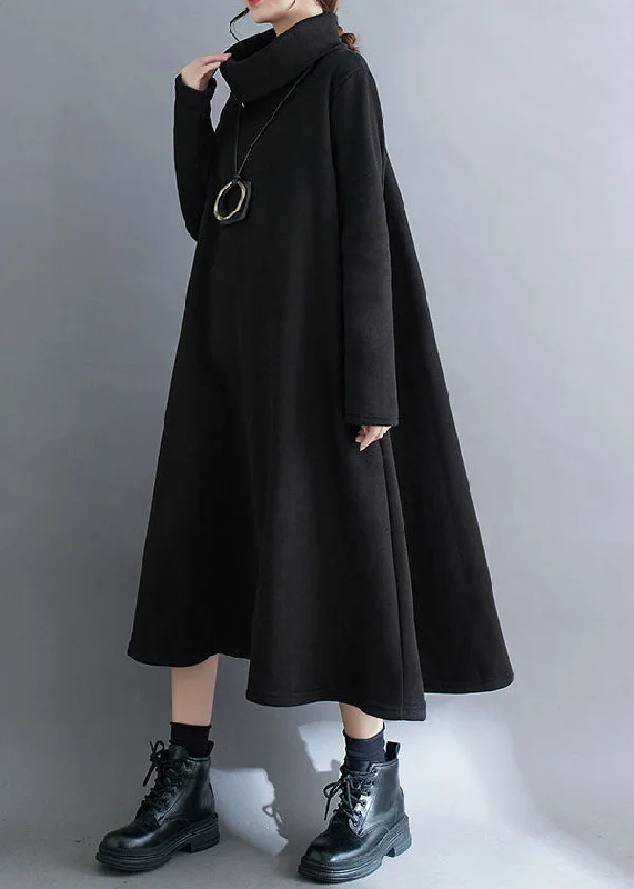 Loose Black Turtleneck Fleece Dress Long Dresses Long Sleeve Dreamy Draping