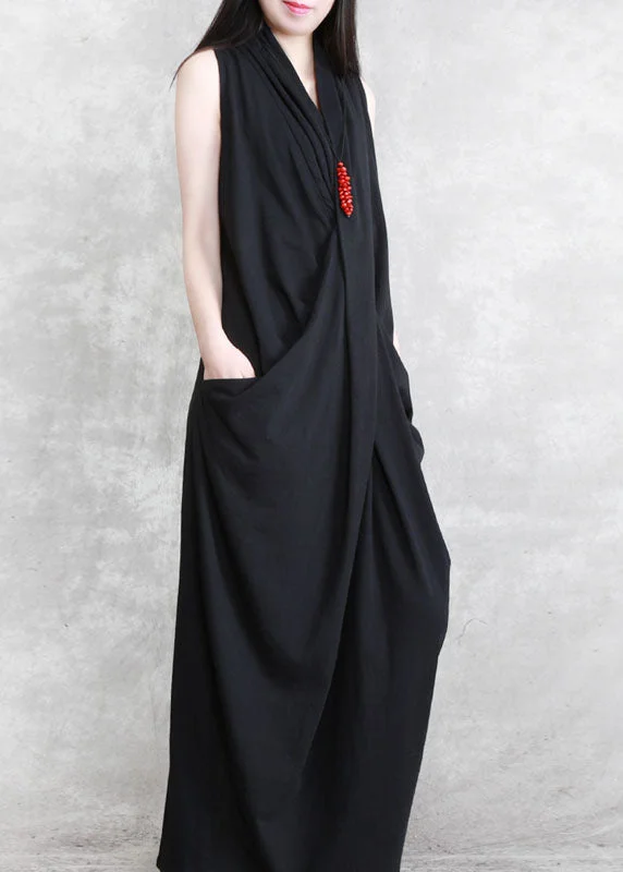 Black Patchwork Cotton Dresses Asymmetrical Wrinkled Sleeveless Great Prices On Feminine Styles