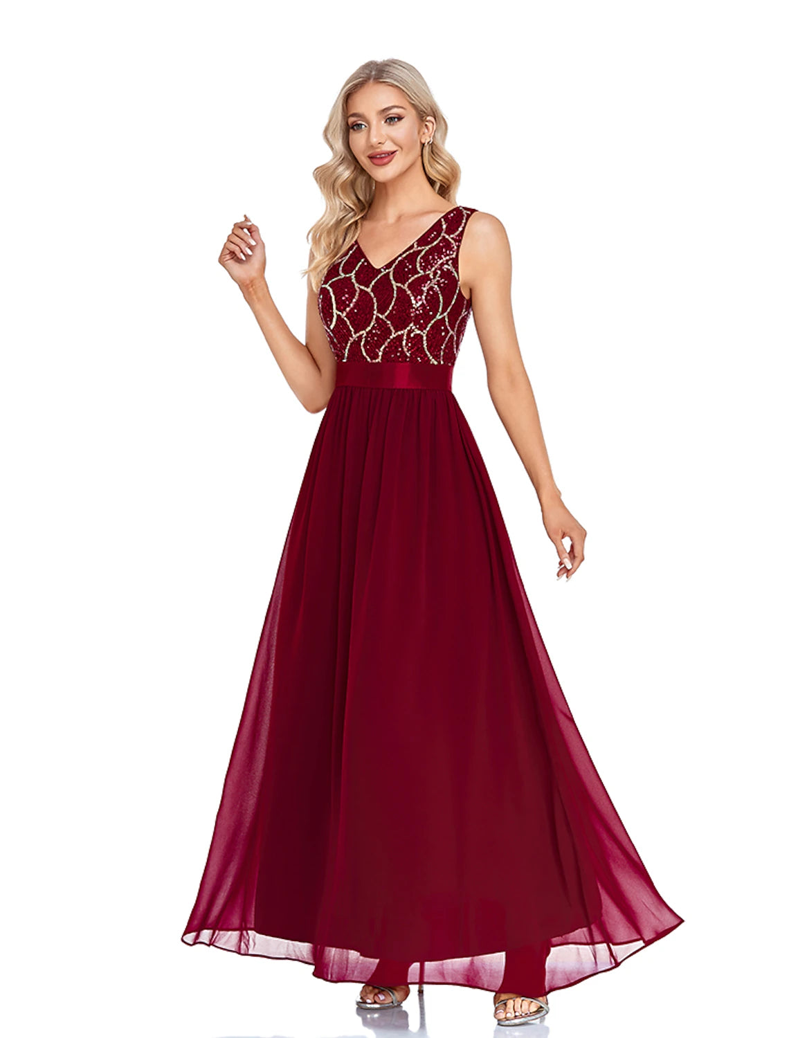 A-Line Evening Gown Sparkle & Shine Dress Wedding Guest Prom Floor Length Sleeveless V Neck Bridesmaid Dress Chiffon V Back with Sequin Splicing Buy More, Save More