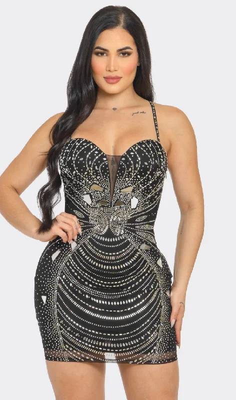 Black Black Mirror Rhinestone Embellished Bodycon Dress Father'S Day Deals