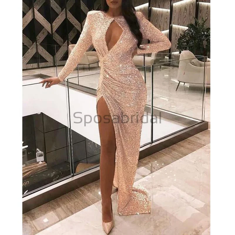 Cheap Sparkly Sequin Long Sleeves Unique Design Side Slit Long Modest Prom Dresses PD1589 Limited - Stock