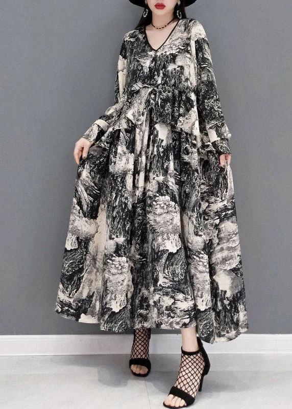 Fashion Grey V Neck Print Tie Waist Chiffon Long Dress Long Sleeve Playful Elegance