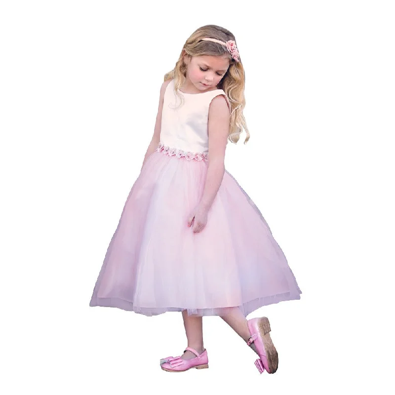 Little Girls Blush Satin Tulle Tea Length Flower Girl Dress 2-6 Clearance Event