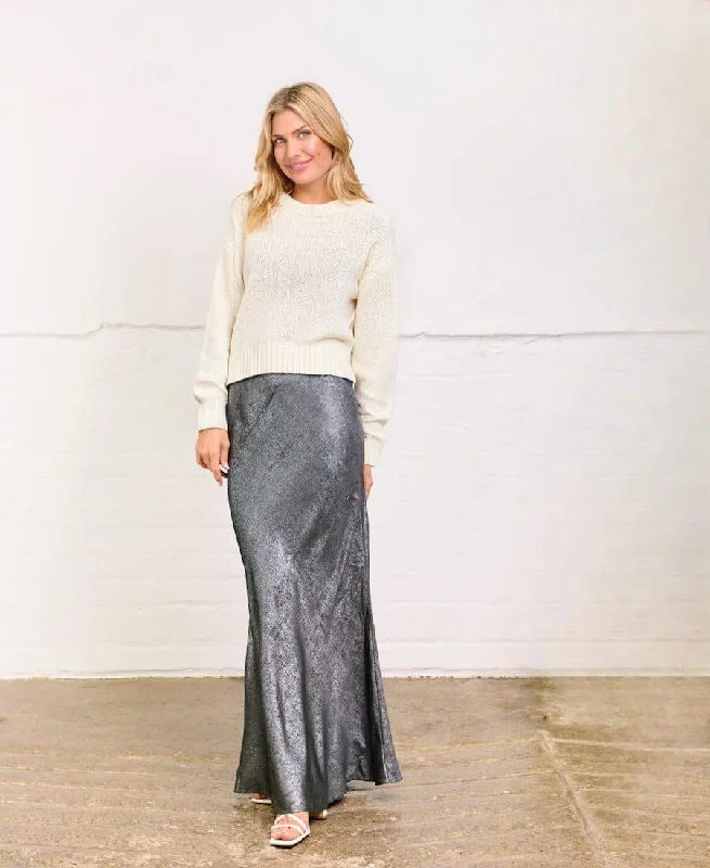 Silver Satin Maxi Skirt Feminine Grace