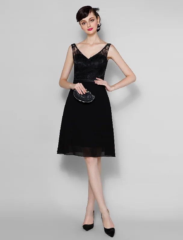 A-Line V Neck Knee Length Chiffon / Sheer Lace Bridesmaid Dress with Lace Exclusive Discount