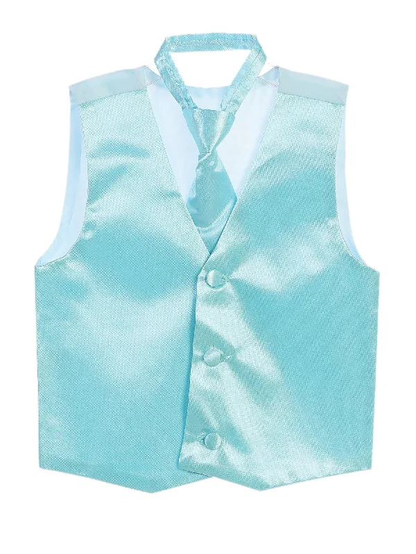 Little Boys Cyan Blue Three Button Satin Vest Tie 2 Pc Set 2-6 Fashion Sale