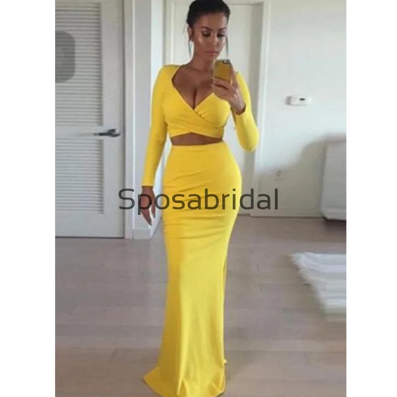 Two Pieces Yellow Mermaid Long Sleeves Simple Popular Prom Dresses, Prom dress PD1899 Feminine Grace