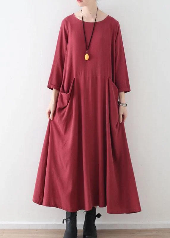 Handmade Red Pockets Long sleeve Loose Dress Fall Great Deals On Ethnic Cultural Wear