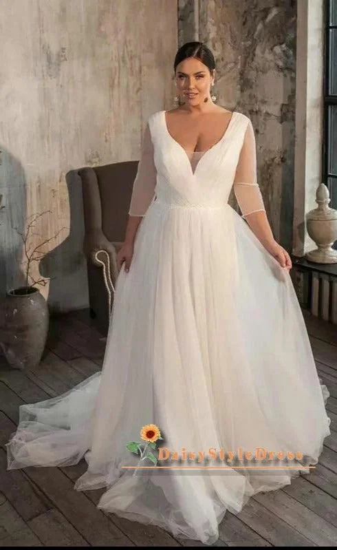 Affortable Long Sleeve Plus Size Wedding Dress Lightweight Fabric