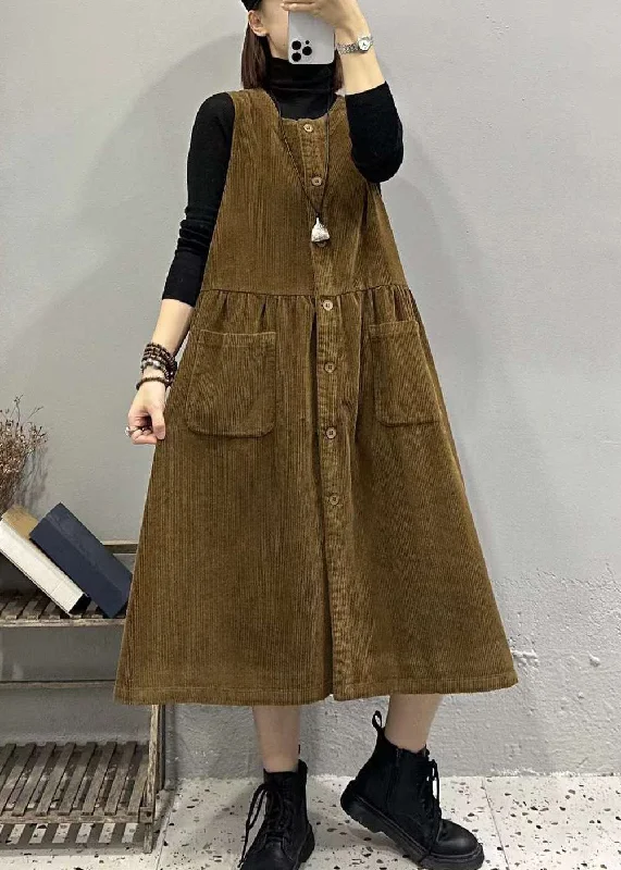 Plus Size Khaki O Neck Button Pockets Corduroy Long Dresses Sleeveless Art Deco Geometric Pattern Look