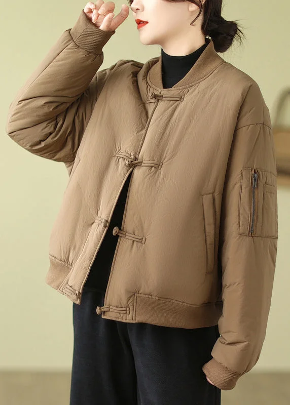 Loose Khaki Button Pockets Cotton Filled Parka Long Sleeve Celebrate With Big Savings