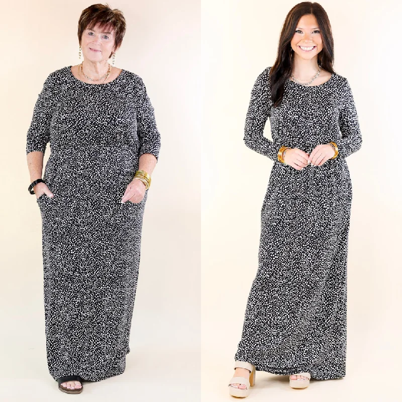 Downtown Spotlight Long Sleeve Dotted Babydoll Maxi Dress in Black Update With Cottagecore Styles