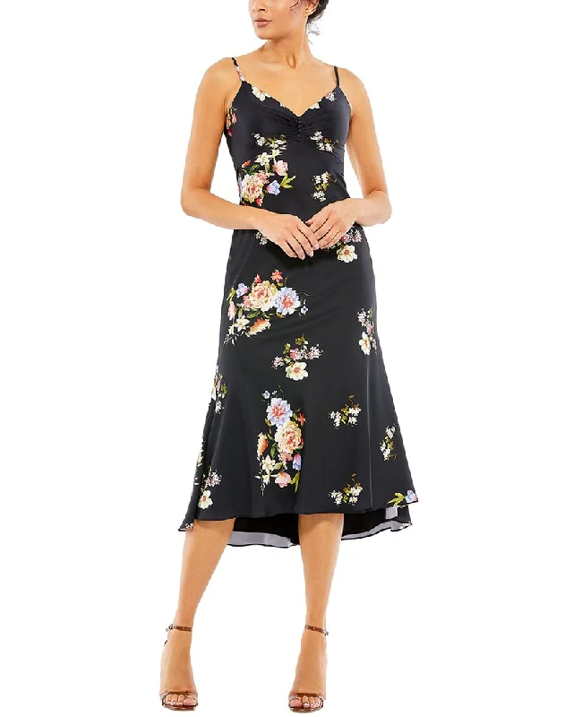 Mac Duggal Floral Print Button Bodice Empire Midi Dress Elegant Style