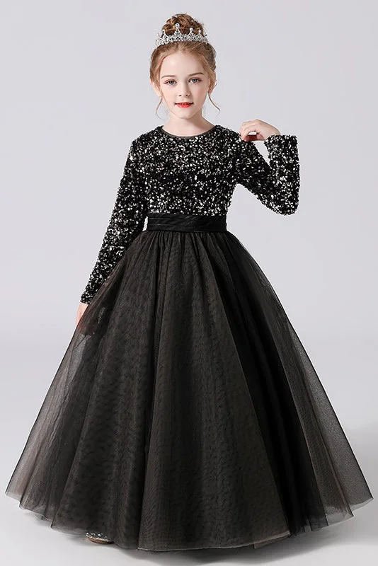 Black Tulle Long Sleeve Floor Length Flower Girl Dresses With Sequins Flash Deals