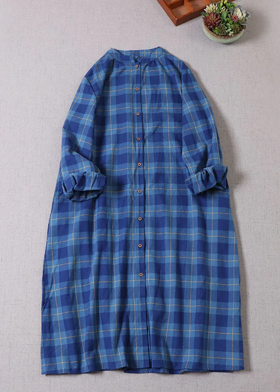 Art Navy Plaid Button Cotton Dress Long Sleeve Disco - Inspired Retro Dance Look