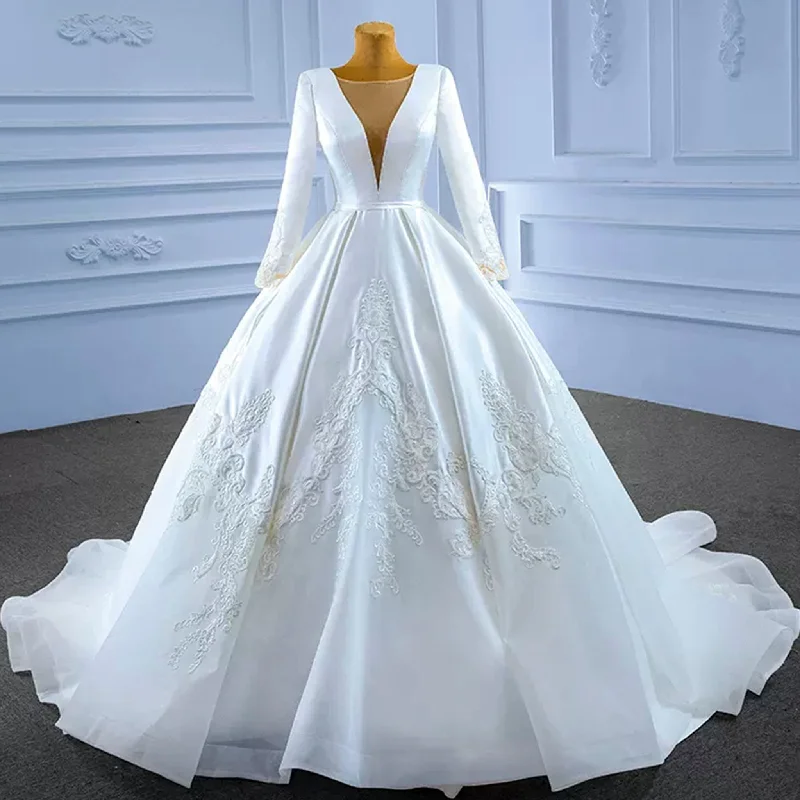 Modest Satin Wedding Dress Beaded Long Sleeve Ball Gown Elegant Style