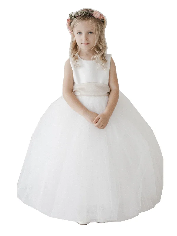 Little Girls Ivory Satin Tulle Ankle Length Elegant Flower Girl Dress 2-6 Hollywood Glam Award - Show Style