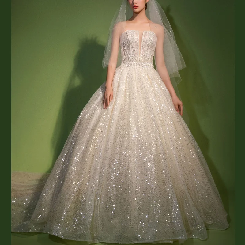 Straight Neck Ballgown Sparkly Wedding Dress with Plunging Wardrobe Update