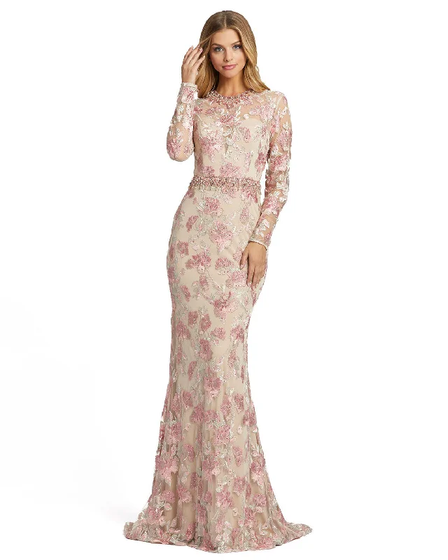 Floral Embroidered Illusion Long Sleeve Trumpet Gown Winter Warm - Up Sale