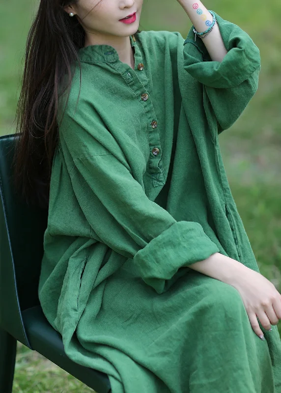 Loose Green Stand Collar Button Pockets Linen Dress Long Sleeve Anniversary Sale