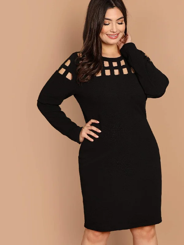  Plus Geo Cut Out Yoke Bodycon Dress Winter Warm - Up Sale