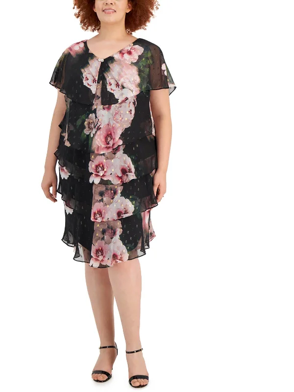 Plus Womens Floral Print Polyester Midi Dress Art Deco Geometric Pattern Look