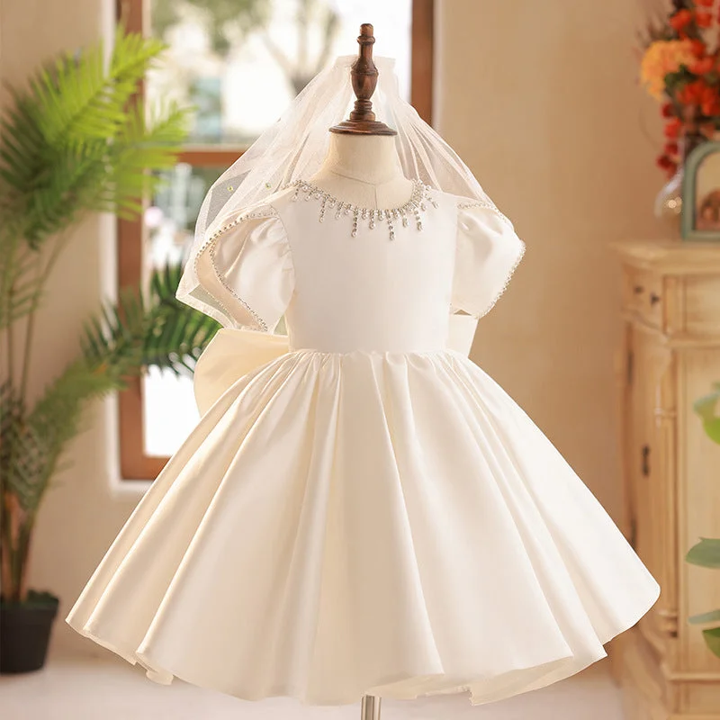 Elegant Baby Girl White Satin Flower Girl Dress Toddler First Birthday Dress Wardrobe Refresh