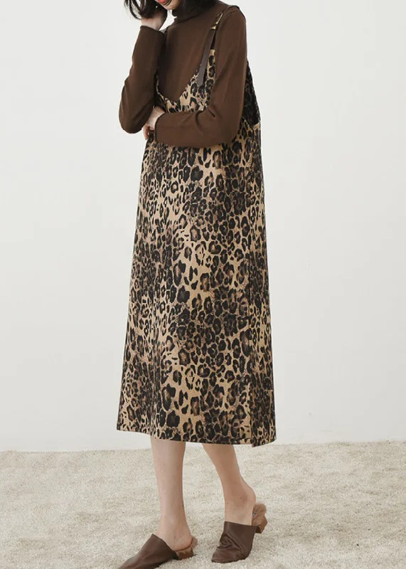 French Leopard Print V Neck Patchwork Cotton Long Dress Sleeveless Y2K Nostalgic Fashion Look