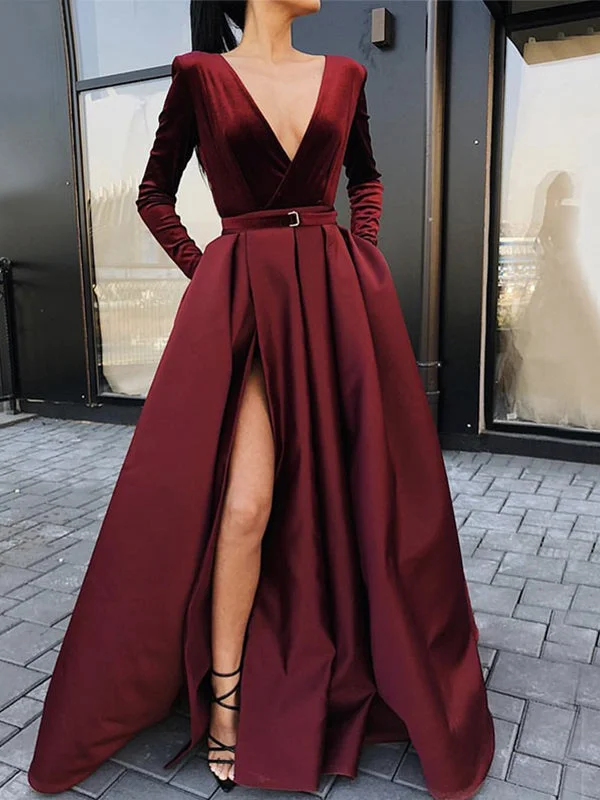 A-line Modest Black Long Sleeves V-Neck Prom Dresses PD23470 Alluring Design