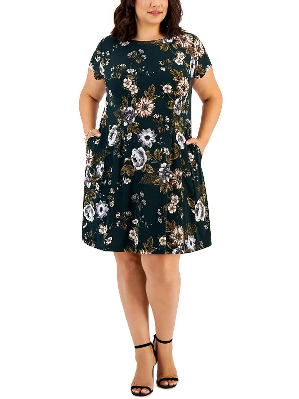 Plus Womens Floral Wide Neck Fit & Flare Dress Wardrobe Refresh