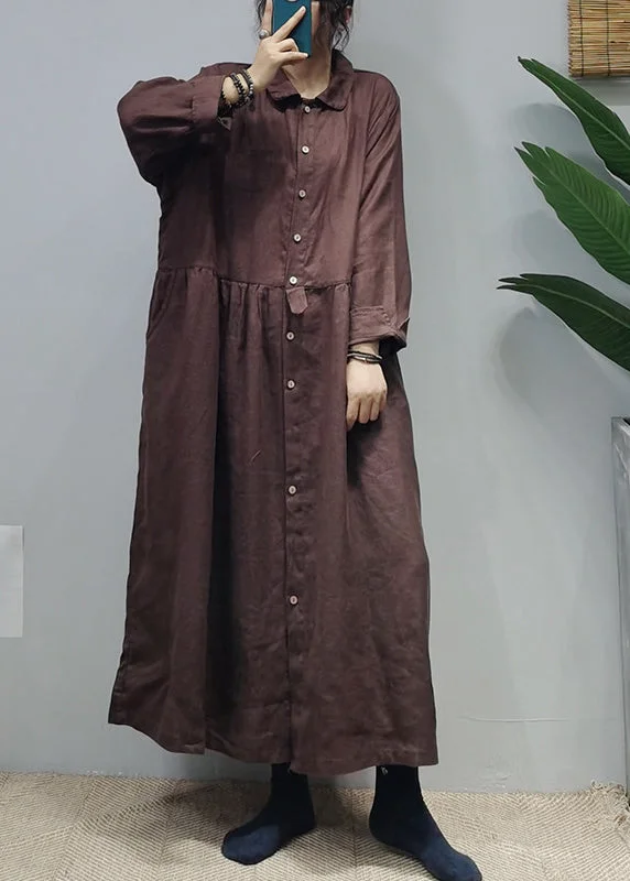 Dark Chocolate Linen Long Dress Cinched Extra large hem Long Sleeve Exclusive Discount