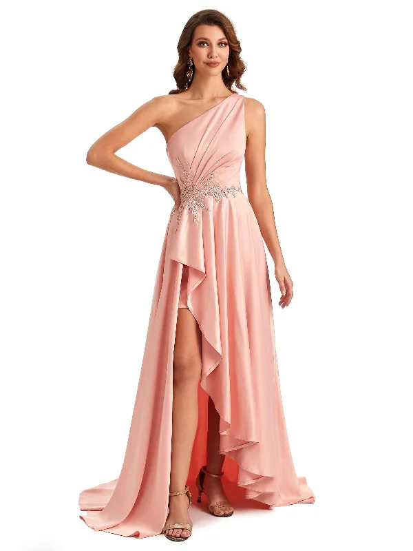 Sexy One Shoulder A-Line High Low Silky Satin Lace Long Formal Wedding Guest Dresses Spring Fashion