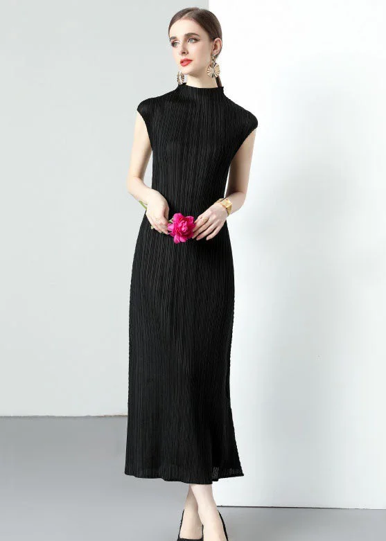 Simple Black Turtleneck Wrinkled Patchwork Chiffon Long Dresses Sleeveless Fashion-Forward Style