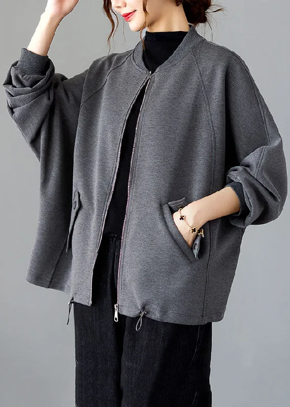 Vogue Grey O-Neck Patchwork Drawstring Coat Long Sleeve Feminine Grace