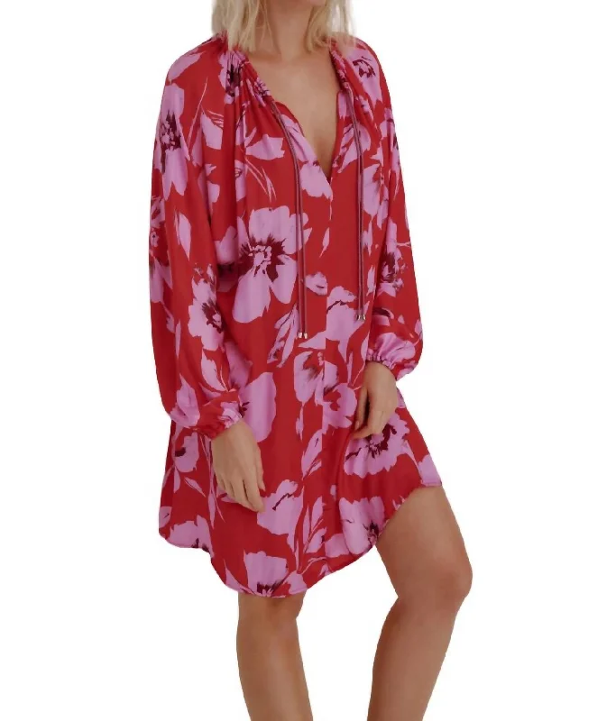 Printed Long Sleeve Tunic In Satin Pink Floral Mid - Season Sale