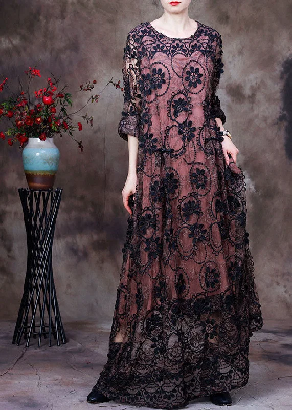 Beautiful Pink O-Neck Embroideried Lace Holiday Long Dress Long Sleeve End Of Season Sale