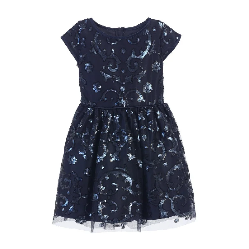 Big Girls Navy Sparkle Sequin Mesh Satin Occasion Dress 7-16 Elegant Style