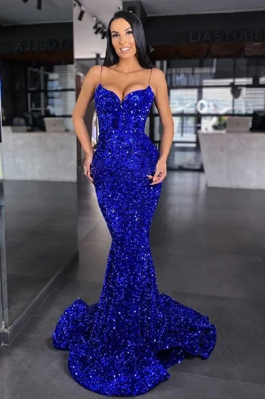 Sweetheart Mermaid Style Royal Blue Sequins Velvet Long Dresses Formal Evening Gown  prom dress    cg21161 Chic Style