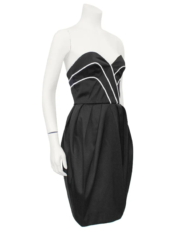 Black Satin Cocktail Dress with White Piping Vintage Retro Party Wear