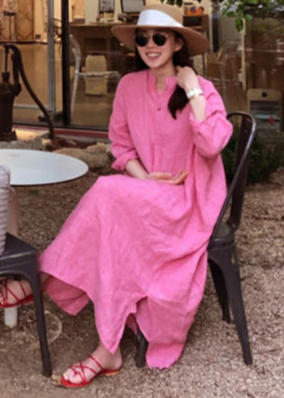 Stylish Pink V Neck Button Side Open Low High Design Linen Dress Long sleeve Save On Classic Elegant Styles